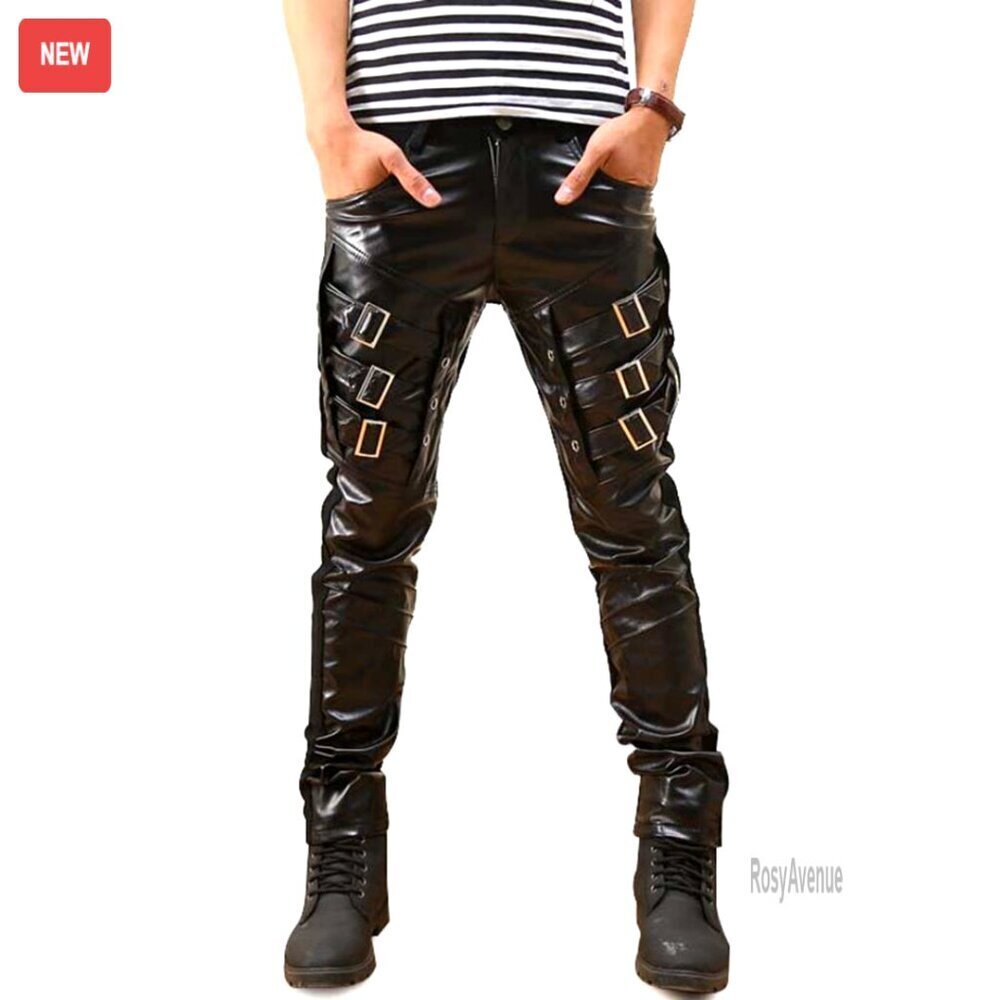 Men's Faux Leather Motorcycle Pants Slim Fit Gothic Punk Style Side Lace-Up
